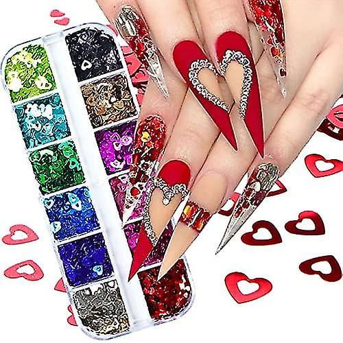 Pegatinas de arte de uñas para el día de San Valentín Lentejuelas de uñas de corazón 3d Suministros de uñas de corazón de amor Corazón láser Diseños de uñas acrílicas brillantes de