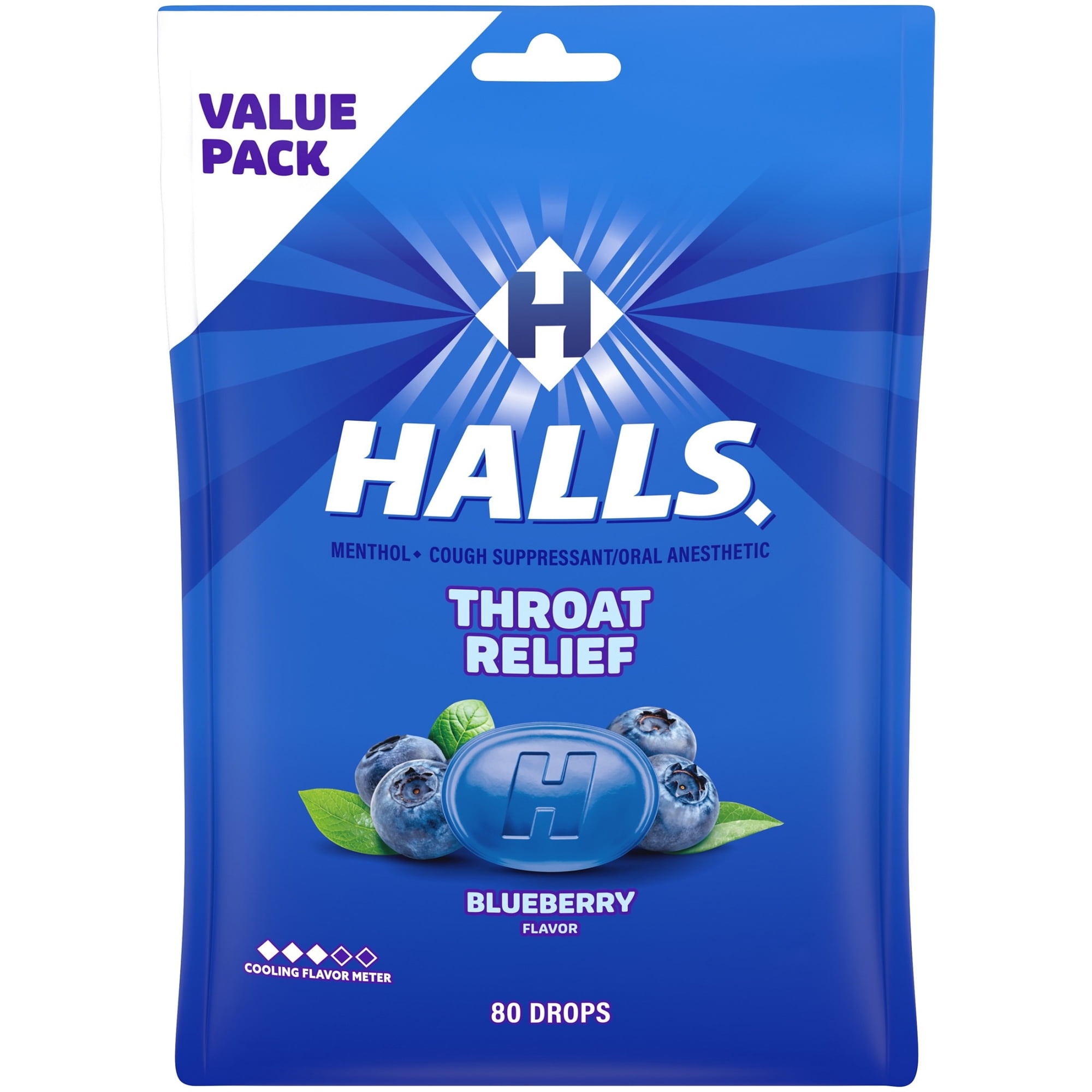 HALLS Throat Relief Blueberry Cough Drops, FSA/HSA Eligible, Value Pack, 80 Drops
