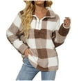 thumbnail image 3 of WMTBSRSW Womens Fashion Sweatshirts Plaid Stand Collar Sherpa Sweatshirts Half Zip Fuzzy Fleece Pullover Casual Loose Fluffy Outerwear Brown Large, 3 of 6