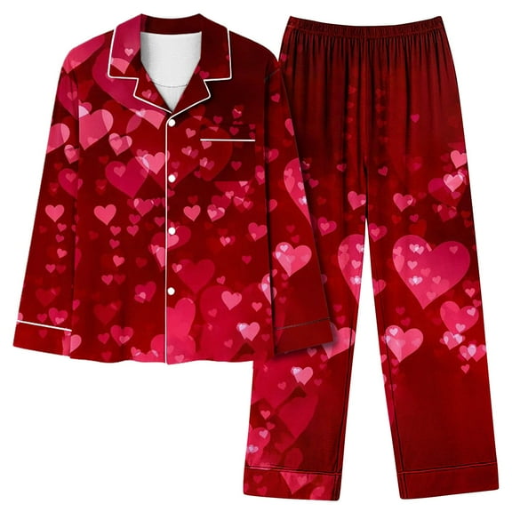 BLVB Pajama Sets for Women 2 Piece Outfits Heart Print Long Sleeve Button down Shirts Pants Lounge Sets Valentine's Day Gift