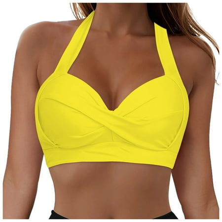 Jdkau Women Push Up Bikini Top Backless Halter Swimsuit Top Solid Color V Neck Bathing Suit Full Coverage Lace Up Bikini TopYellow XXL