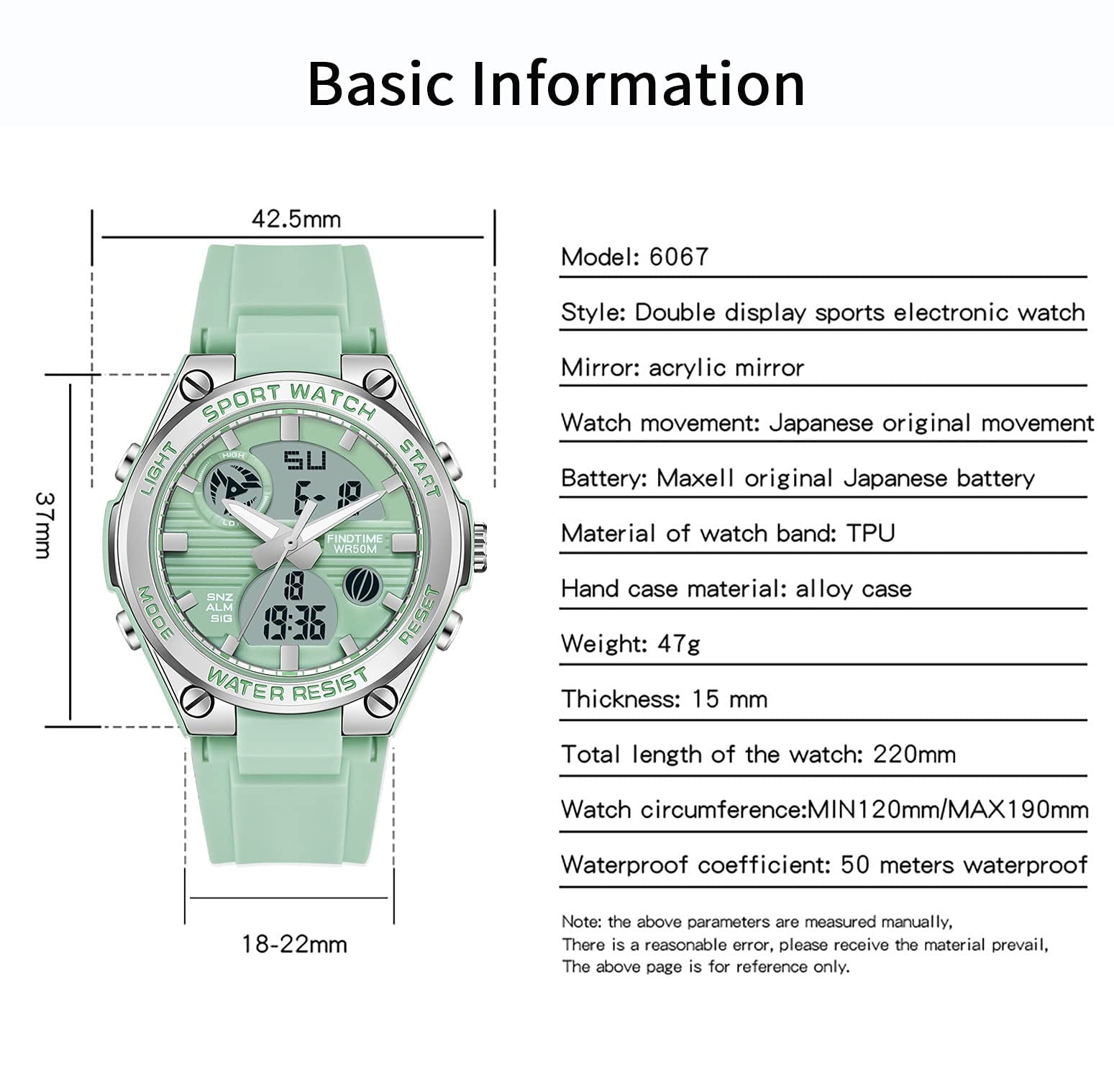 Findtime Ladies Sport Digital Watches Wrist Watch for Women with Waterproof Dual Time Date Luminous Back Light Week Alarm Stopwatch Count Down White Black Blue Green