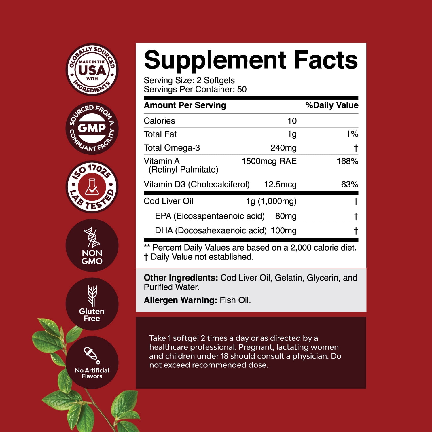Icelandic Cod Liver Oil Softgels - Wild Caught EPA DHA Omega 3 Fish Oil 1000mg per serving - Burpless Fish Oil Supplement with Vitamin D3 and A for Heart Joint Brain and Immune Support