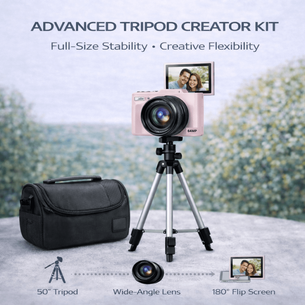 Acuvar 4K Digital Camera 64MP Creator Kit with Flip Screen, WiFi, 50" tripod, lens and 64GB card