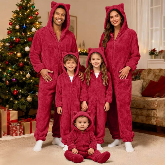 YoupWaven Fleece Family Matching Christmas Onesies Pajamas Sets, Hooded Cat Ear Plush Hoodie, Cozy Fleece Onesie for Women Men K'i'ds, Plain Holiday Sleepwear Matching PJS for Family, Red