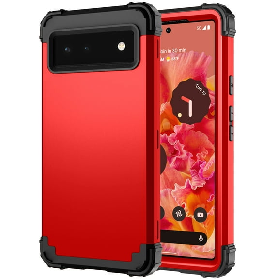 Mantto for Google Pixel 6 Case, 3 in 1 Heavy Duty Rugged Hybrid Anti Slip Shockproof Hard PC Cover Soft Silicone Bumper Non-Slip Protective Phone Case Cover for Google Pixel 6 2021,Red