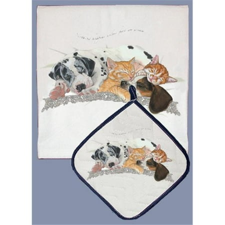 

Dog with Cat Dish Towel And Pot Holder Set