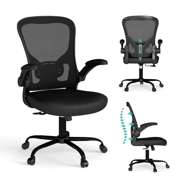 Silla de oficina Flysky de malla ergonómica con brazos abatibles, color negro