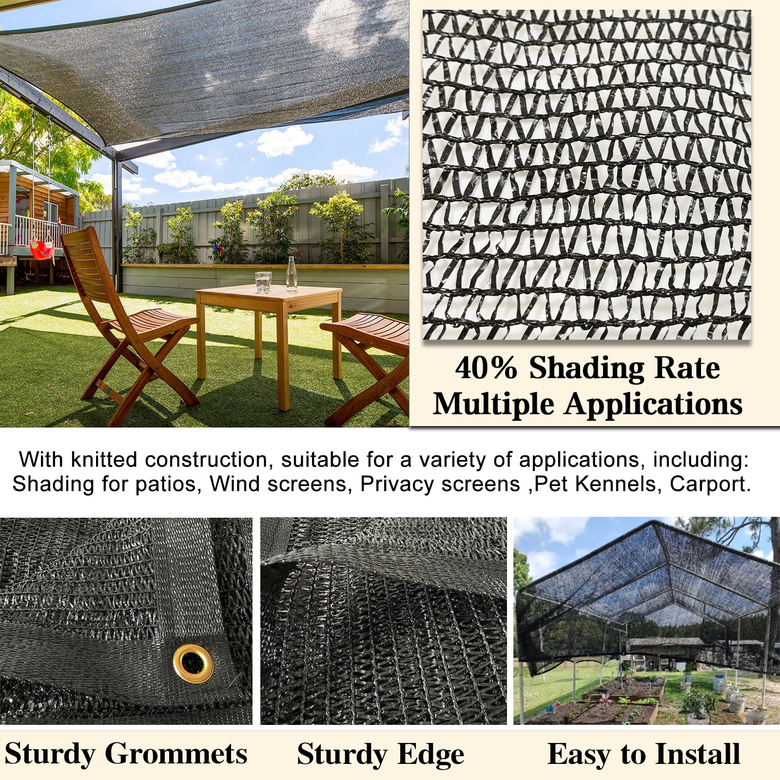 Quobiad 40% Black Shade Cloth, 10 x 20 FT Durable Taped Edge with Brass Grommets UV Resistant Garden Sunblock Shade Net for Outdoor Greenhouse, Plant and Patio
