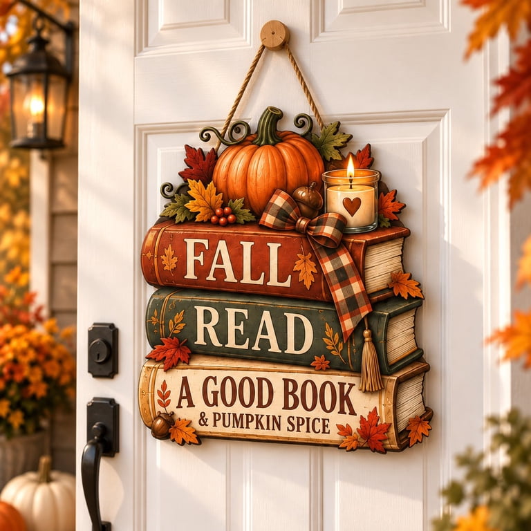 Wooden Door Hanger, Pumpkin Reading Stack Fall Entryway Sign for Book ...