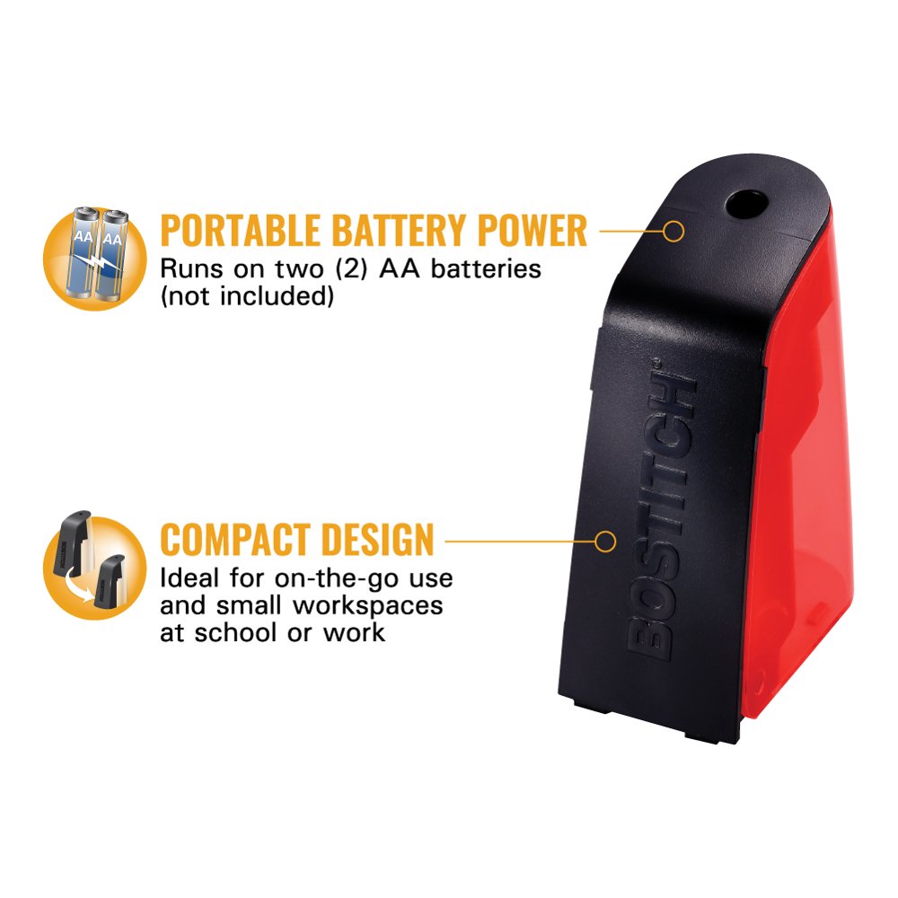 Bostitch Battery Operated Pencil Sharpener with Replaceable Cutter, Red