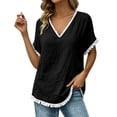thumbnail image 6 of Linen Cotton Tops For Women Summer V Neck Short Sleeve Tassel Trim Casual Solid Classic Holiday Resort Weekend Outdoor Easy Outfit Elegant Laid Back, 6 of 6