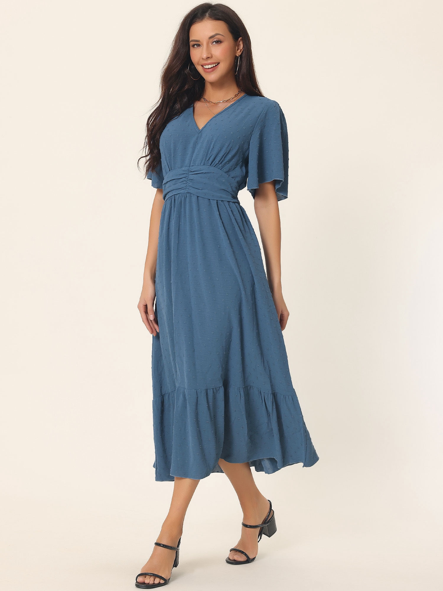 DARING DIVA Women's Swiss Dots Ruffle Midi Dresses M Blue