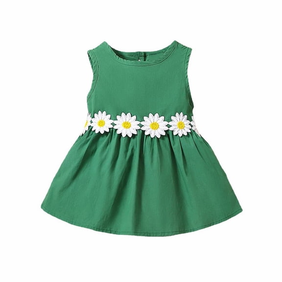 Mercatoo Girls Green A-Line Flower Dress Cute Solid Color Sleeveless 𝐌ini Dresses with Chrysanthemum Belt Princess Dress