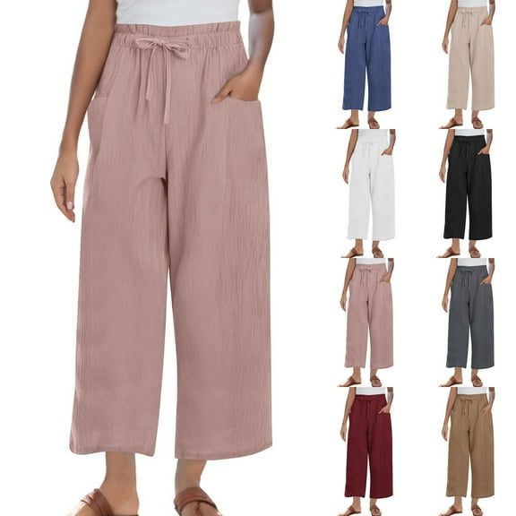 QATAINLAV Cotton Linen Pants for Women Casual High Waist Drawstring Summer Beach Pant Loose Fit Wide Leg Trousers with Pockets Beige XL