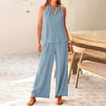 thumbnail image 2 of Penkiiy Women's Casual Summer Two Piece Outfits Linen Sets Cutout Halter Sleeveless Top Wide Leg Pants Matching Set M Blue, 2 of 9
