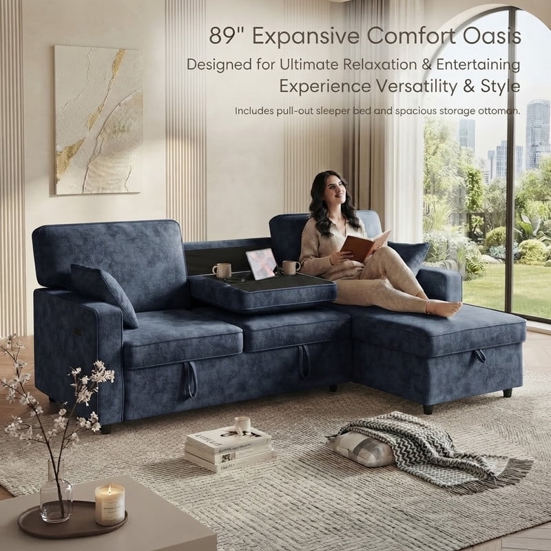 89" L-Shaped Sectional Sleeper Sofa, 3-Seater Pull-Out Couch with Flip-Down Center Console, Cup Holders, Charging Ports & Storage, Chenille Convertible Sofa Bed for Living Room, Apartment & Office
