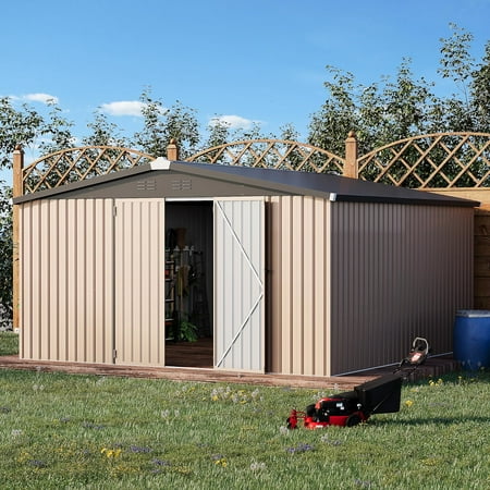 AECOJOY 12' x 12' Outdoor Metal Storage Shed, Patio Storage Clearance With Lockable Door in Grey