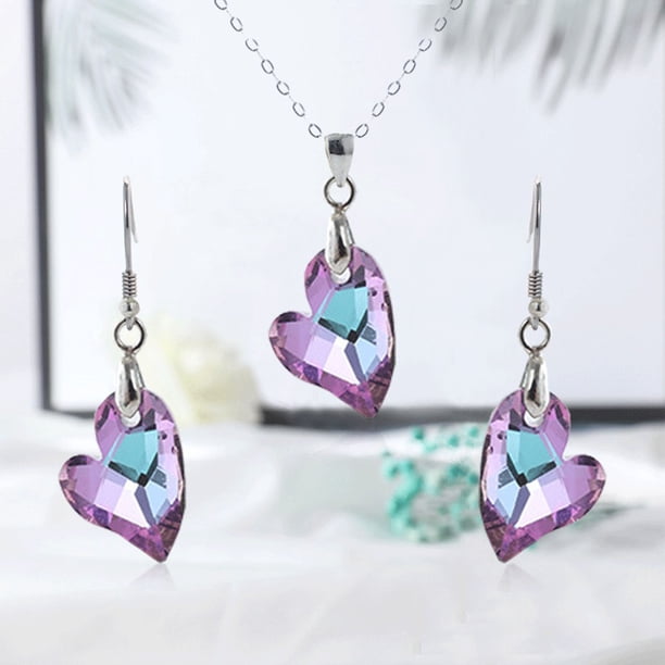Elegante conjunto de collar y aretes con colgante de corazón de cristal para mujer, regalo de joyería de moda colorido, cadena de 45 cm, diseño romántico de moda para cualquier ocasión