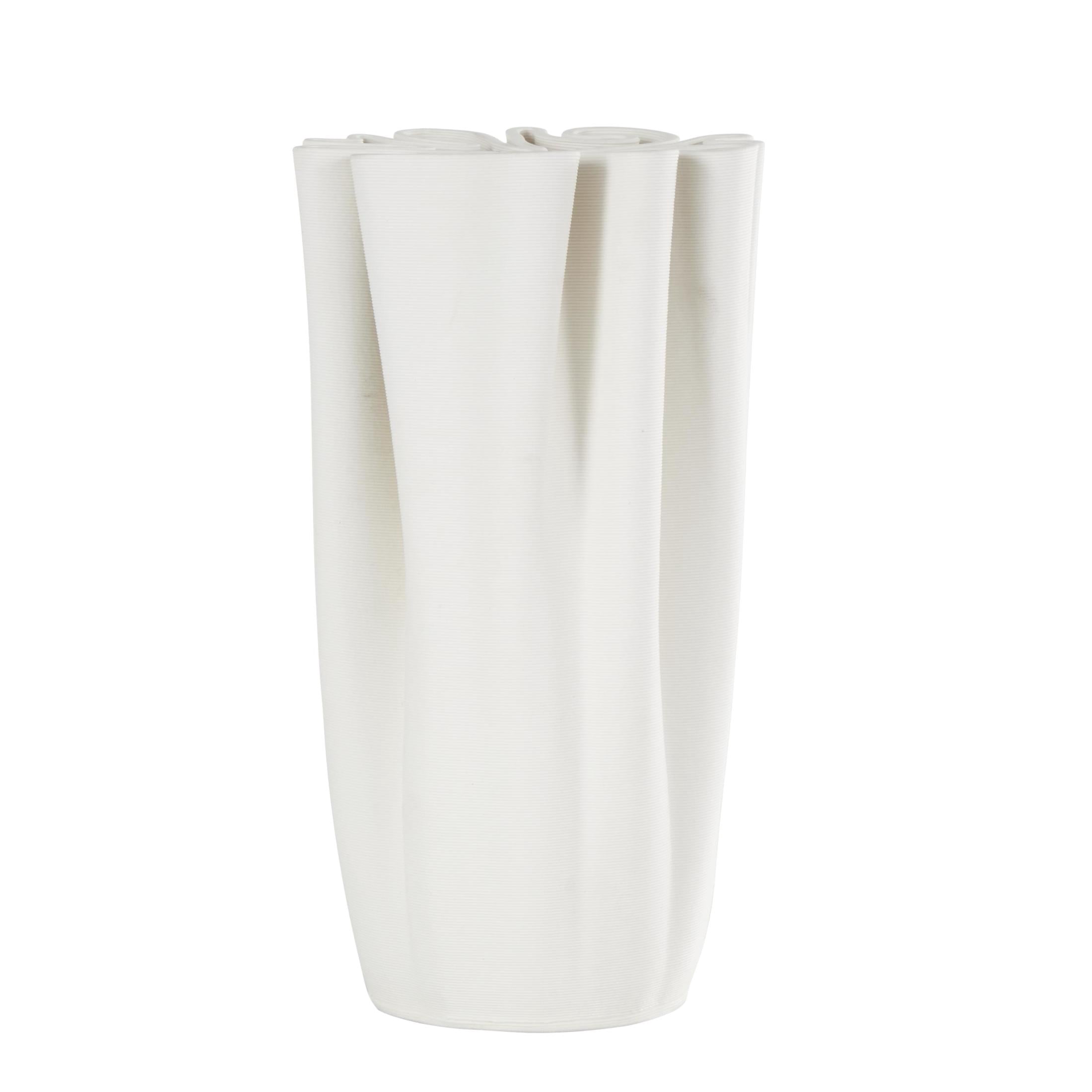 DecMode 10" Abstract Ribbed Dimensional Folded White Ceramic Vase with Compact Wavy Rim