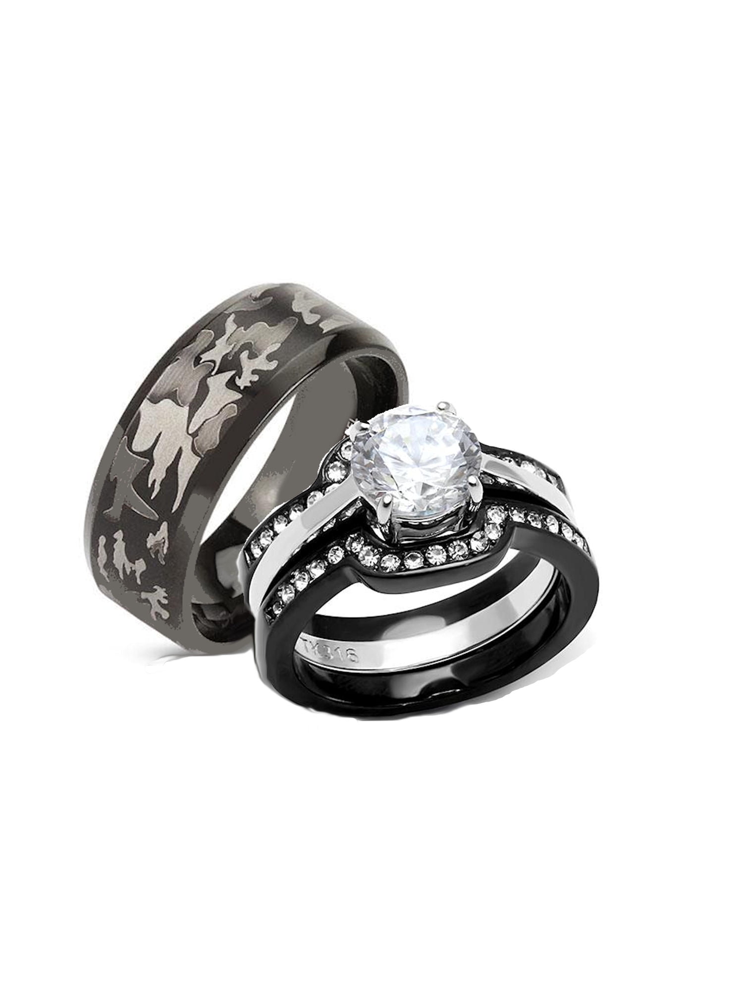 Titanium Camo Stainless Steel Wedding Ring Set His & Her Black Sterling Silver 