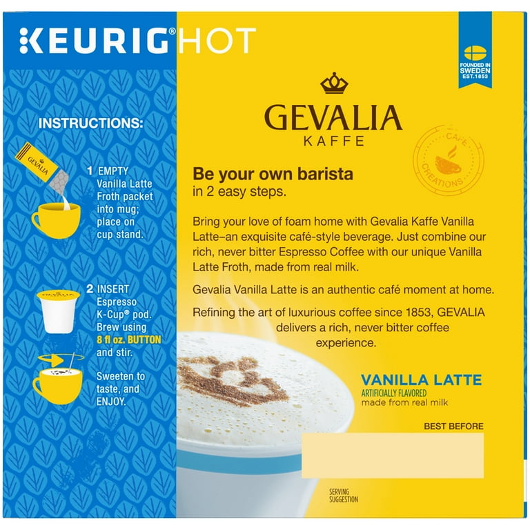Gevalia Vanilla Latte K Cup Espresso Pods with Latte Froth Packets Caffeinated 9 ct 9.06 oz Box Walmart