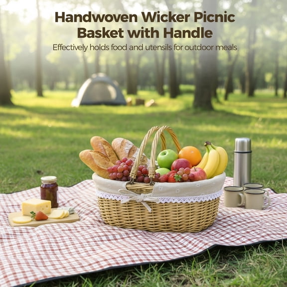 Handwoven Wicker Picnic Basket with Handle & Removable Linen Liner, 12.6 x 9.8 x 5.1 inch Multipurpose Storage Basket for Camping Harvest Wedding Home Decor
