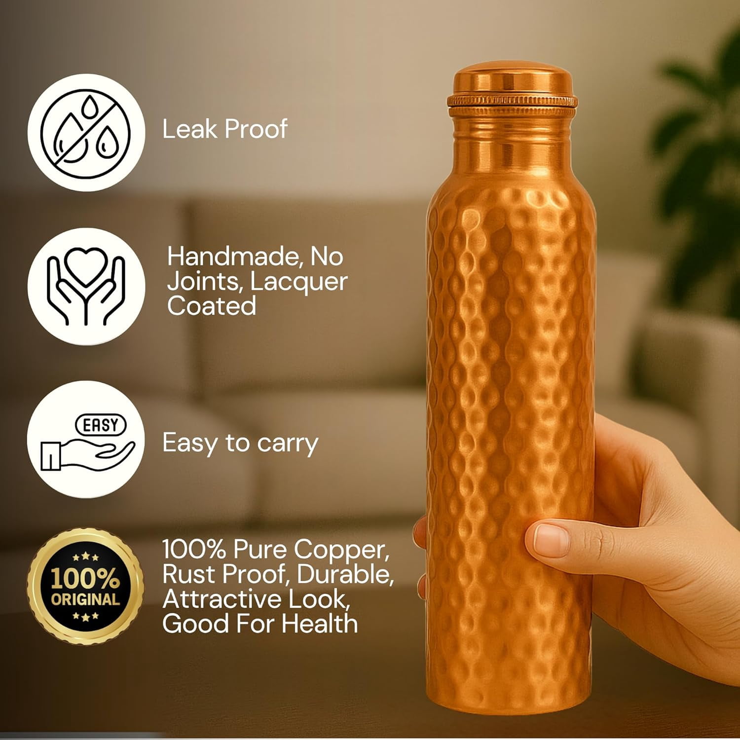 Pure Copper Diamond Water Bottle with Lid 900 ML
