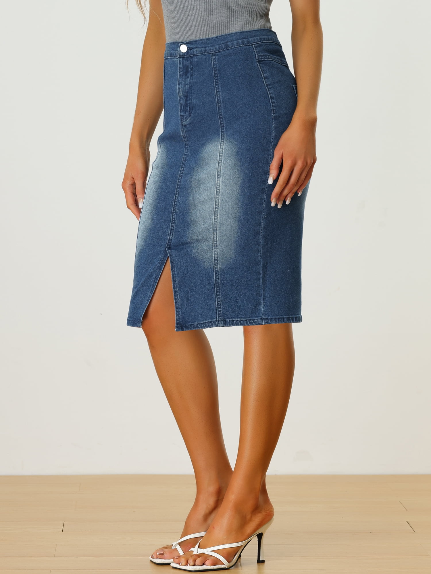 DARING DIVA Women's Split Front Denim Bodycon Midi Skirt M Blue