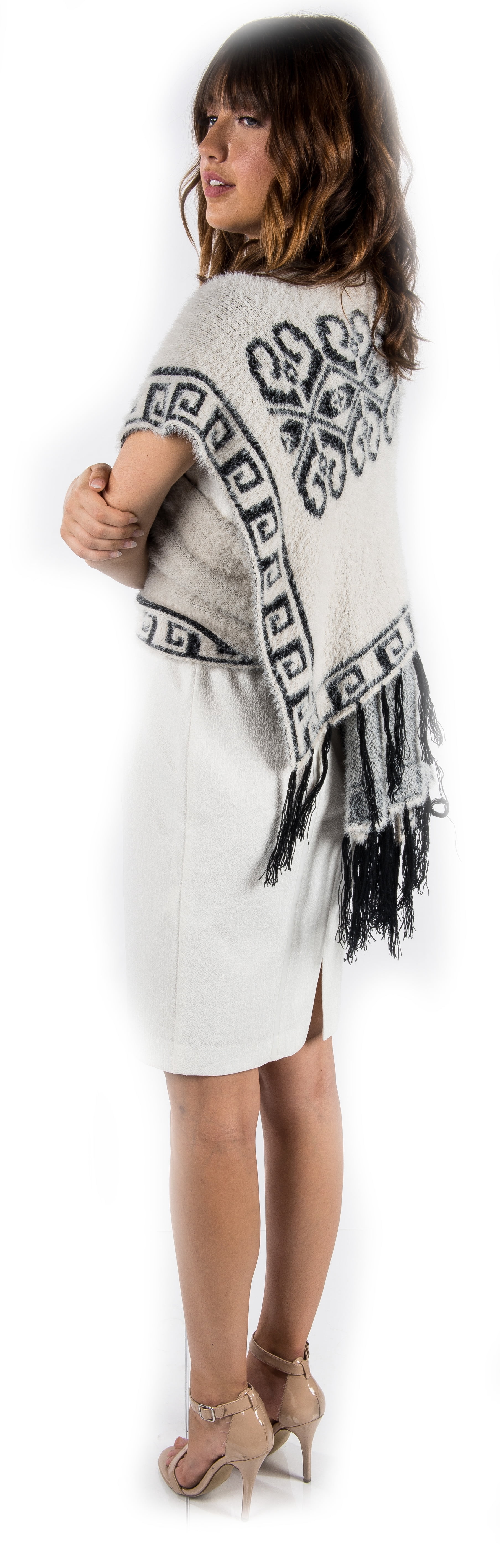 Women's Winter Knit Mayan Pattern Fringe Knit Poncho