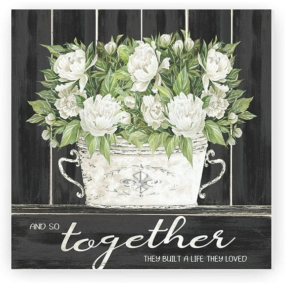 And So Together They Built A Life They Loved Floral Pot Rustic Wood Farmhouse Wall Sign 12x12 (Unframed)