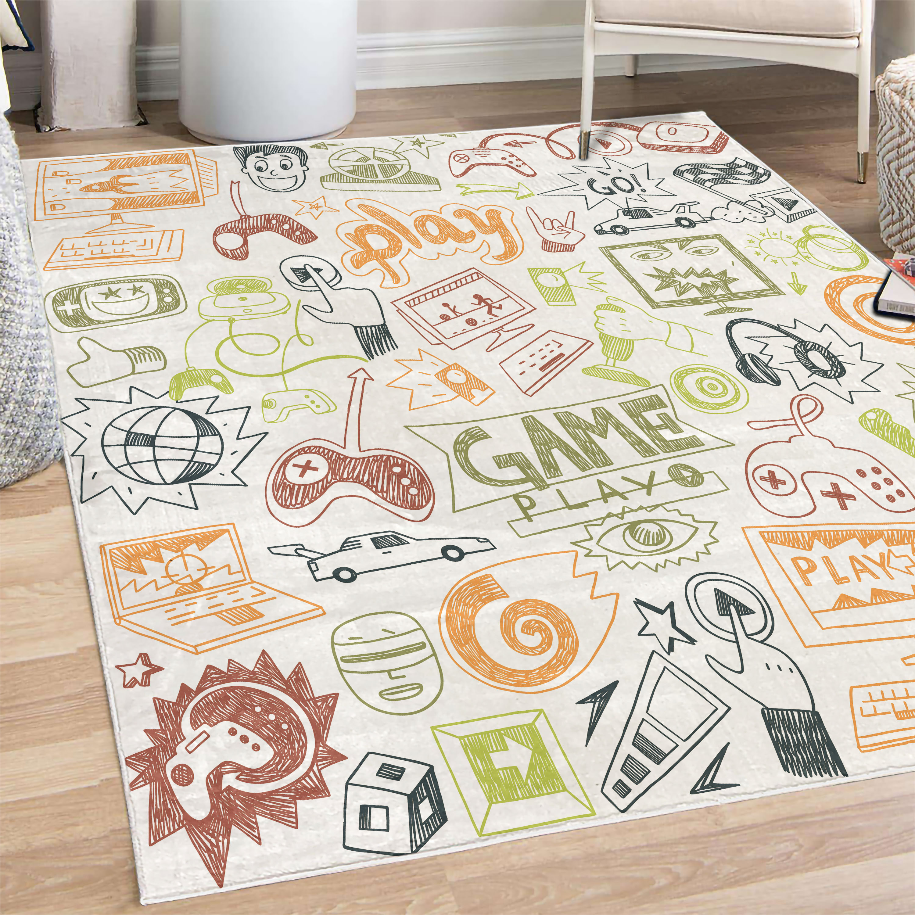 Game Pattern Rug Video Games Decorative Rug, Monochrome Sketch Gaming Design Racing ...