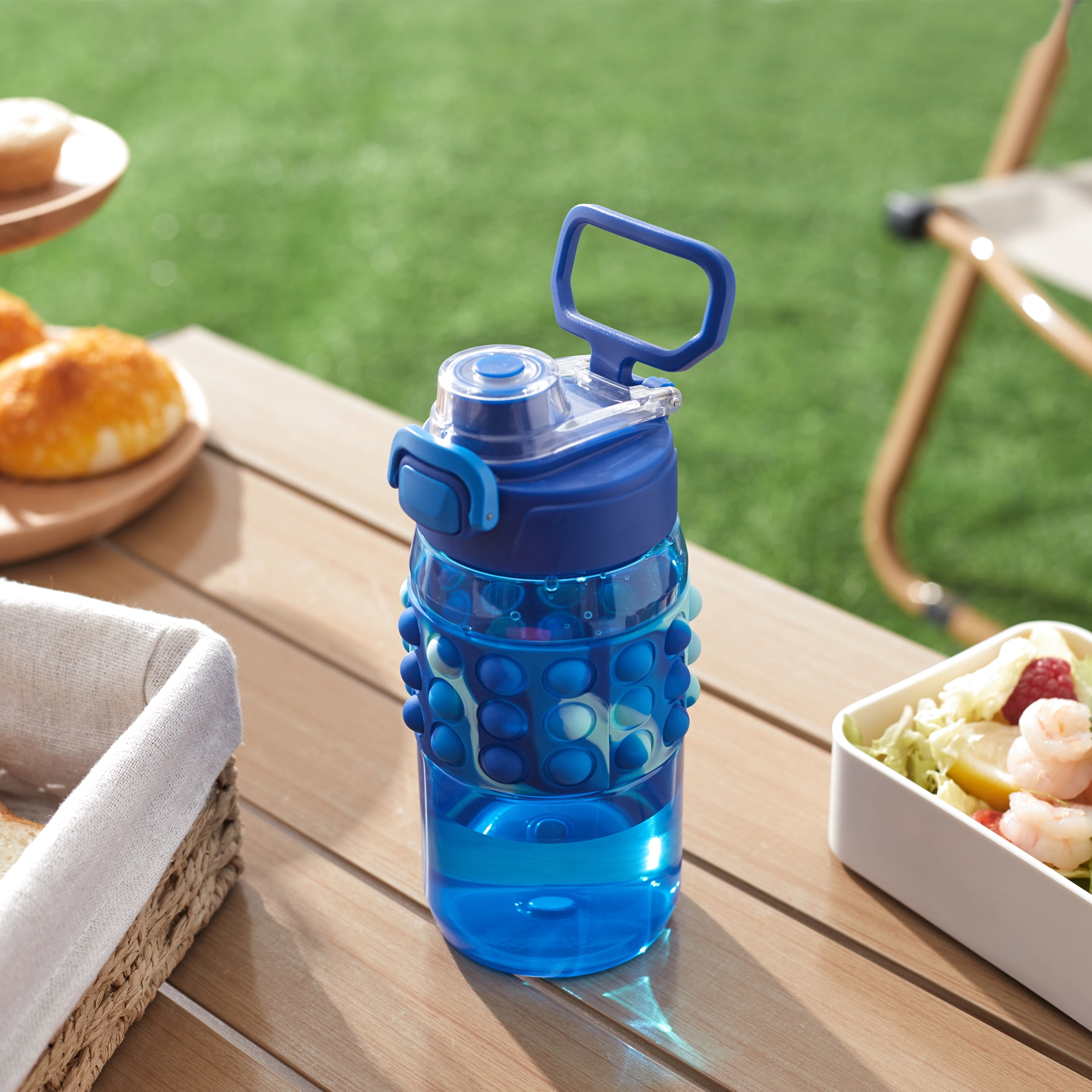 Your Zone 16 OZ Popit Water Bottle with Handle, Blue, Silicone Bubble Sleeve