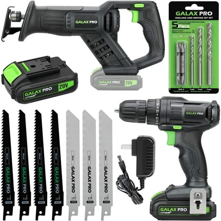 GALAX PRO 20 V Max Cordless Combo Kit, 20 N.m Impact Drill Driver, Reciprocating Saw 0-3000 SPM, 1.3 Ah Li-ion Battery Pack with Charger and 7 Pieces blades