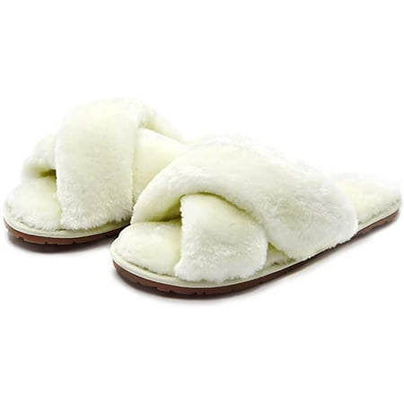 Image of Women s Fuzzy Crossband Fluffy Furry Fur Slippers Flip Flop Winter Warm Cozy House Memory Foam Sandals Slides Soft Flat Comfy Anti-Slip Spa Indoor Outdoor Slip on (06/White 7-8)