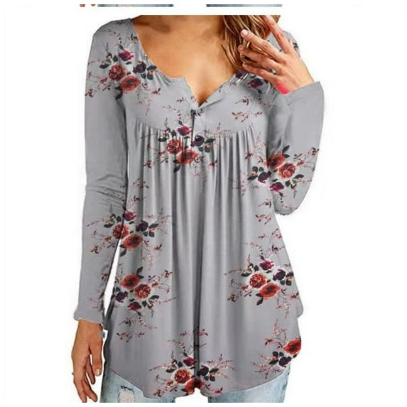Askfv Women's Plus Size V Neck Tops Long Sleeve Swing Tunic Shirt Flowy Henley Casual Blouse Tops