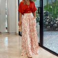 thumbnail image 4 of GILIGEGE Women Floral Print 2 Piece Set Deep V Neck Short Half Sleeve Top Wide Leg Flared Long Pants Matching Business Formal Wedding Guest Casual Summer Fashion Suit Daily Outfit Wear Red, 4 of 7