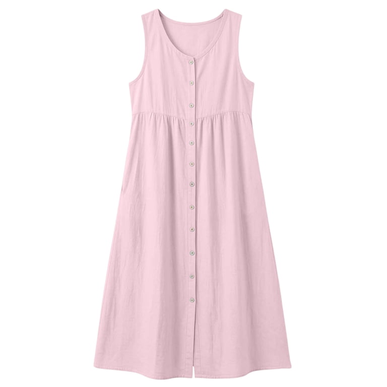 pink cotton tank dress Hurxie Women's Summer Sleeveless Button Down Cotton Tank Dress Loose A-Line  Tiered Tunic Beach Dress Khaki,S