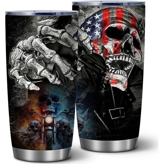 20 Oz American Skull Gift for Men,Motorcycle Cup for Men,Skull Tumbler Cup Water Bottle,Novelty Birthday Gifts for Him,Dad''s Day Gift, American Flag Stainless Steel Double Wall Tumbler with Lid