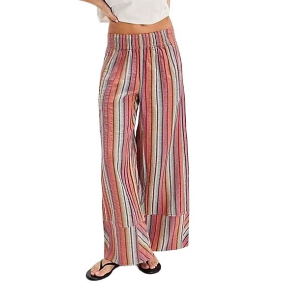 Pantalones de Rayas para Mujer, Cintura Alta, Pierna , Algodón y , Moda Playera, Cintura Elástica, Pantalones Casuales Sueltos. Rosa XXL