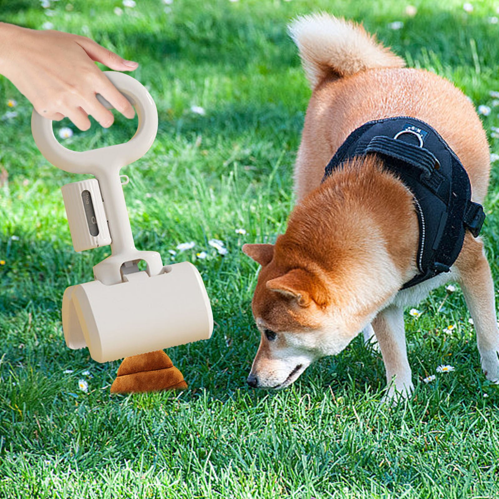 Dog Poop Bag Dispenser with Foldable Shovel Clip and 12 Count Odor-Control Bags, 10 in Handle, Portable Waste Collection System