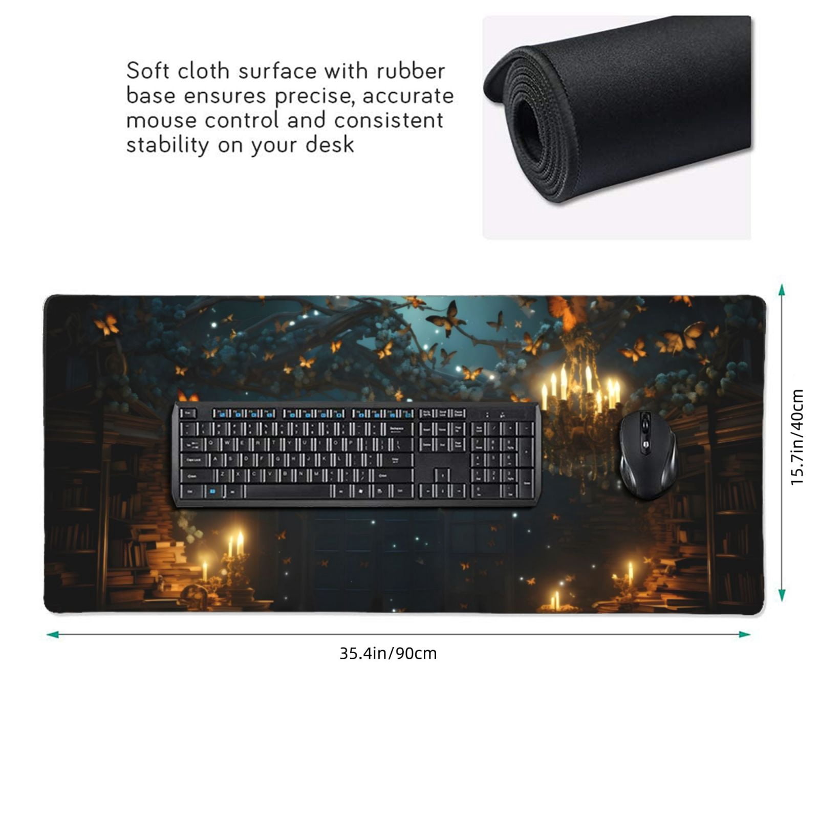 Xecao Magical Library Butterfly Night Print Large Mouse Pad, 16x35.5in Mousepad, Professional Non-Slip Rubber Base Big Mouse Pad, Mouse Pad for Gaming & Office Full Desk Mouse Pad