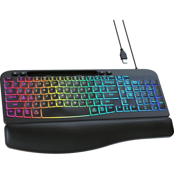 Wired Ergonomic Keyboard, 7-Color Backlit USB Computer Keyboard with Wrist Rest, Wave Keys, Phone Holder, Lighted Compatible PC, Laptop, Windows, and Mac