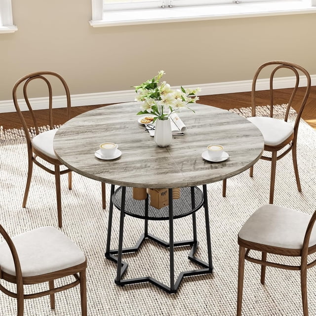 YUSAZENS Table à Manger Ronde Hexagonale de 38,6 Pouces avec Base en Métal et Filet de Rangement, Dessus en Bois Résistant aux Rayures de 1,2 Pouces d'Épaisseur, Table de Cuisine pour Petit Espace, Gris