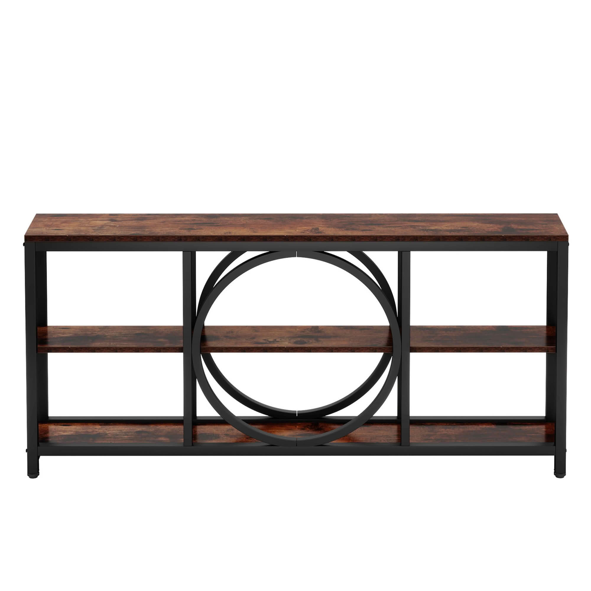 MAYEERTY 70.9" Narrow 3-Tier Console Table, Circular Black Metal Frame Waterproof MDF Sofa Table for Entryway Living Room
