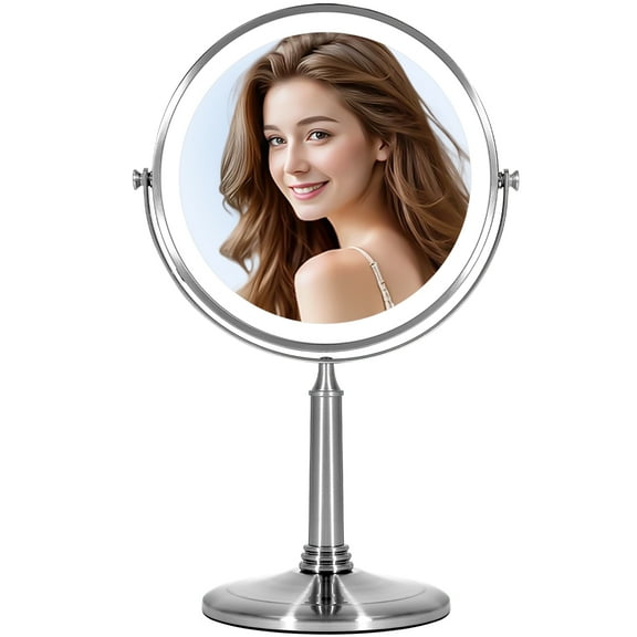 VESAUR 8" Rechargeable Lighted Makeup Mirror, 1X/10X Double Sided  HD Magnifying Mirror with 3 Color Lights, Dimmable 360° Rotation Detachable Portable Vanity Mirror（Senior Nicke）