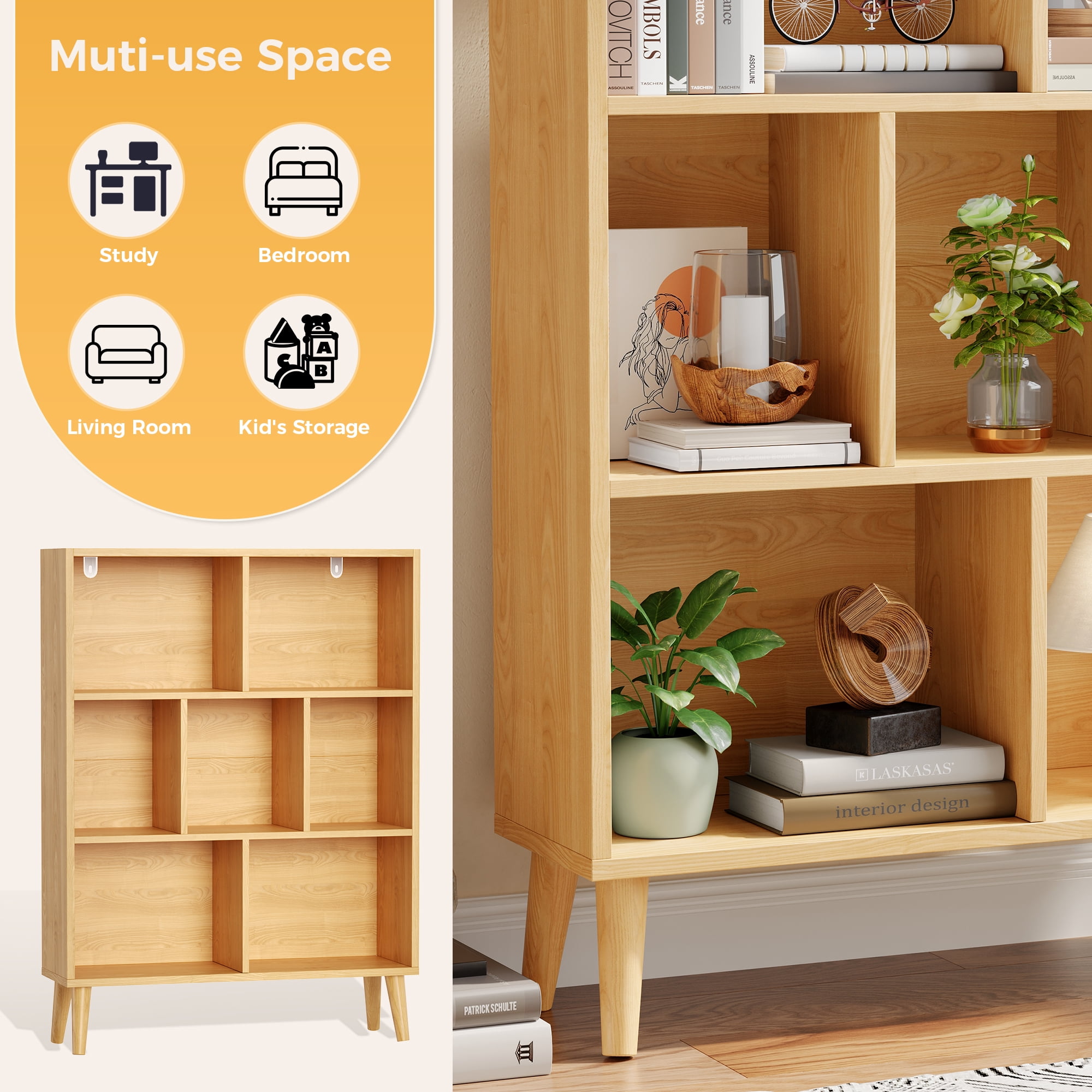 EDX Wooden Cube Bookshelf, Open 3-Tier Bookcase with Legs, Freestanding Bookshelves Storage Organizer Shelf, for Bedroom, Living Room, Office, Natural wood