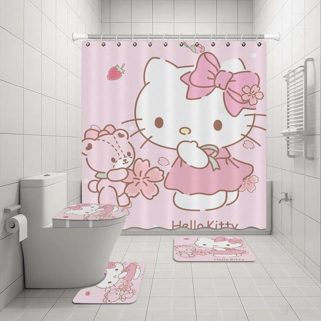 Hello Kitty Ensemble de Rideau de Douche Sanrio Anime Impression Imperméable Rideau de Douche Ensemble Quatre Pièces Tapis Couvercle de Toilette Coussinet en U LS