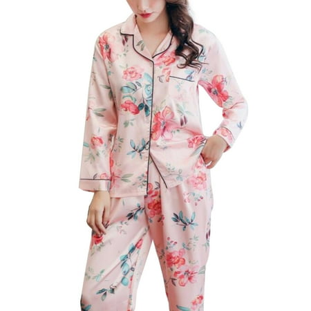 

Chaoren 2Pcs Women Floral Print Long Sleeve Top Pants Imitation Silk Nightwear Pajama Set