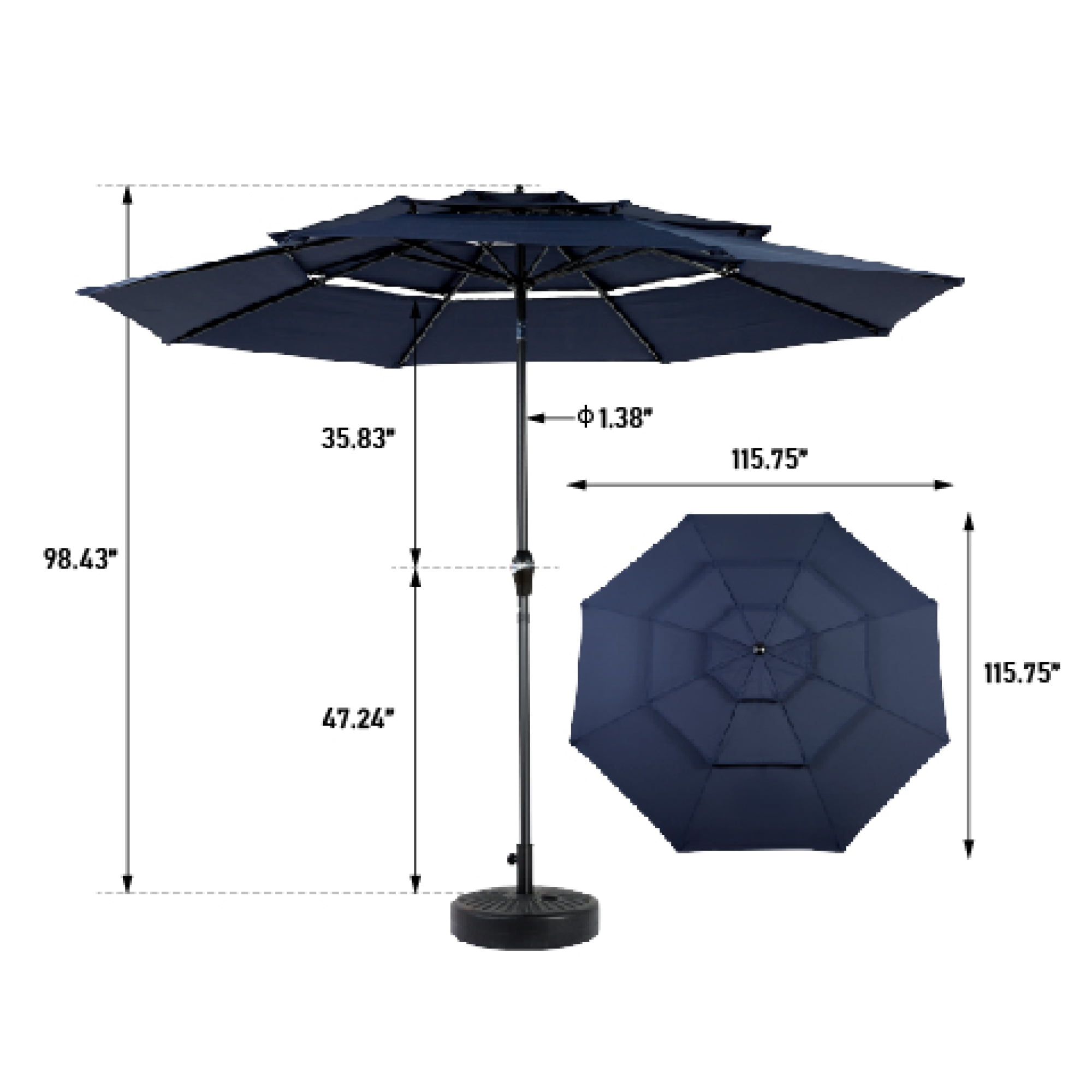 Leumius 10ft Outdoor Patio Umbrellas for Outside,3 Tier Auto-tilt Vented Market Table Umbrella for Backyard, Deck, Garden,Navy Blue(Base Not Included)